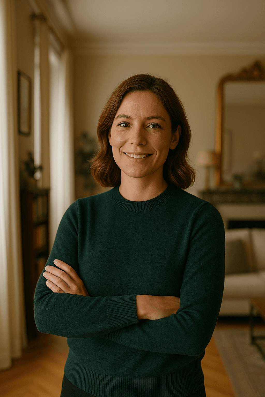 Homeowner in her renovated apartment, smiling with confidence