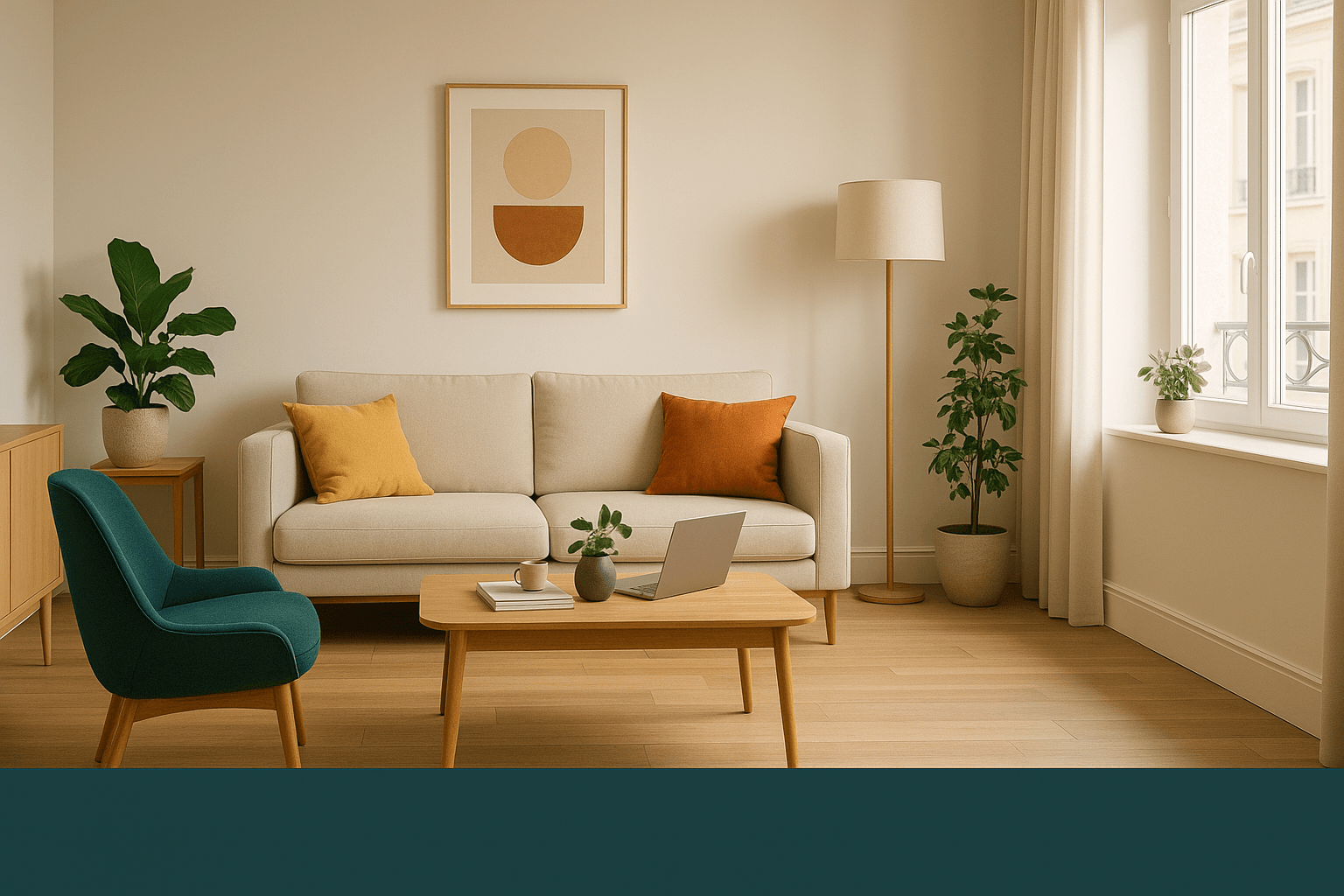 Salon rénové, ambiance chaleureuse vert sauge et bois clair