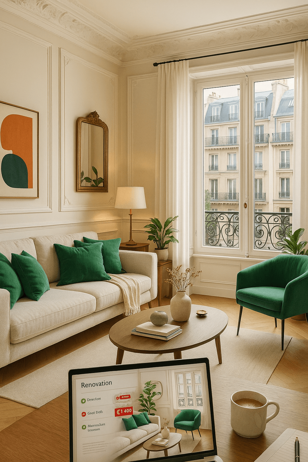 Salon rénové avec rapport d'analyse sur la table