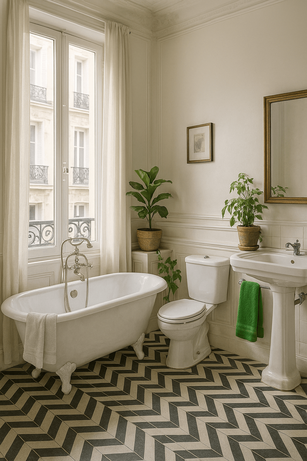 Salle de bain lumineuse avec baignoire et carrelage